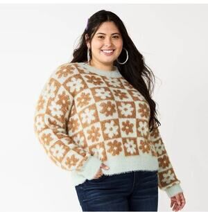 SO Fuzzy Cropped Flower Print Sweater Aqua Brown M